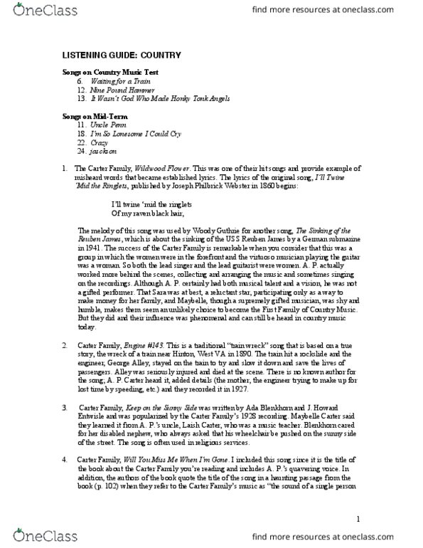 MUSI 401 Lecture Notes - Lecture 1: Uncle Dave Macon, Roy Acuff, Joseph Philbrick Webster thumbnail