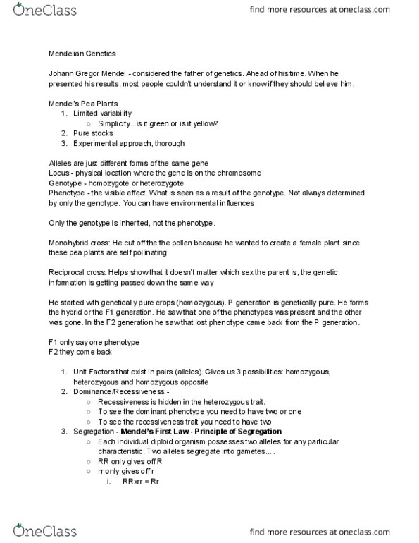 GEN-3000 Lecture Notes - Lecture 3: Punnett Square, Gregor Mendel, Mendelian Inheritance thumbnail