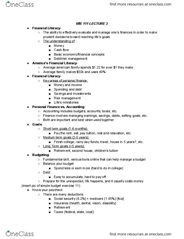 MIS 111 Lecture Notes - Lecture 3: Personal Finance, Risk Management, Cash Flow thumbnail