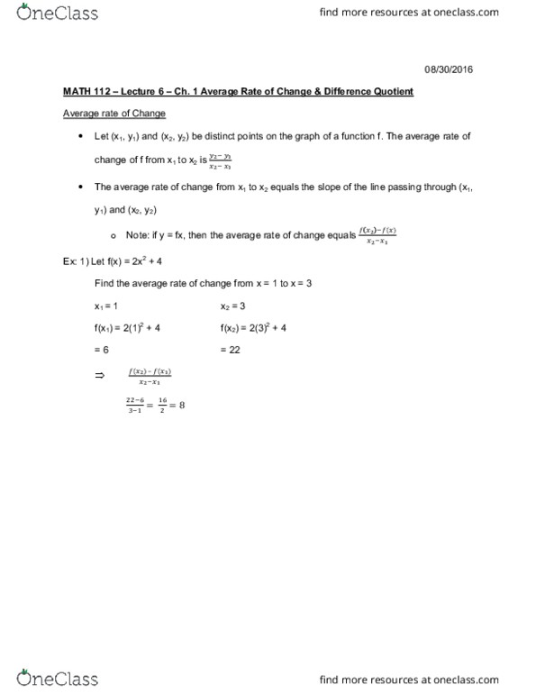 MATH 112 Lecture Notes - Lecture 6: Difference Quotient thumbnail
