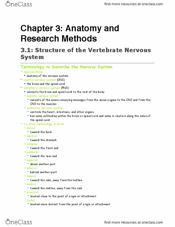 PSYC 2015 Chapter Notes - Chapter 3: Central Nervous System, Dorsal Root Ganglion, Parasympathetic Nervous System thumbnail