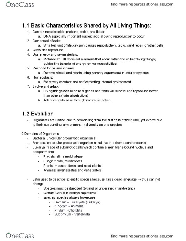 BIOL-1030 Chapter Notes - Chapter 1: Eukaryote, Archaea, Scrapie thumbnail