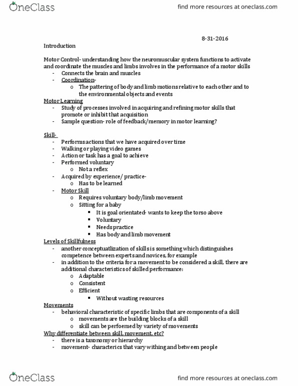 KNES 385 Lecture Notes - Lecture 1: Motor Learning thumbnail