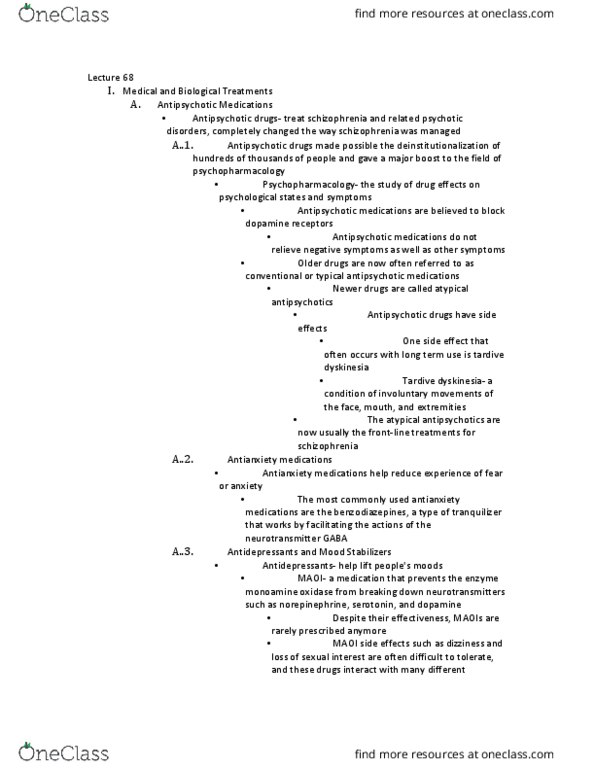 PSYCH 1100 Lecture Notes - Lecture 68: Monoamine Oxidase, Benzodiazepine, Monoamine Oxidase Inhibitor thumbnail