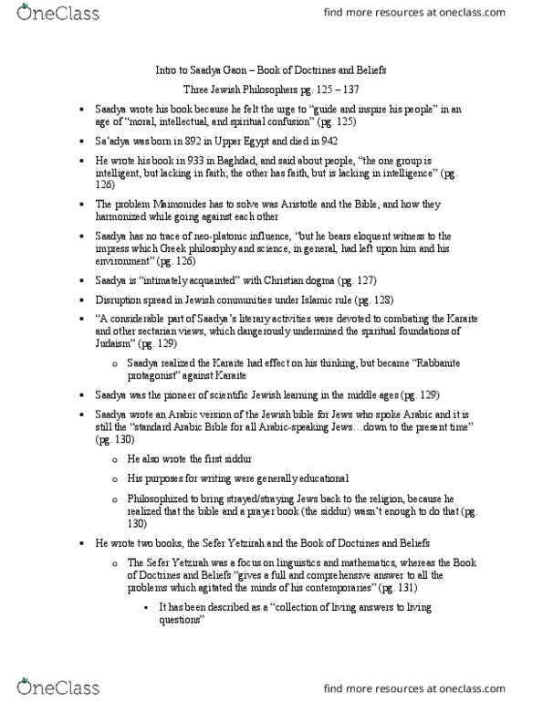 JWST208 Chapter Notes - Chapter Intro to Saadya: Yetzirah, Saadia Gaon, Jewish Philosophy thumbnail