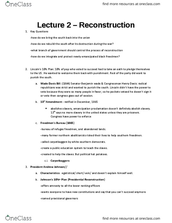 HIST 2112 Lecture Notes - Lecture 2: Edwin Stanton, Nathan Bedford Forrest, Reconstruction Acts thumbnail