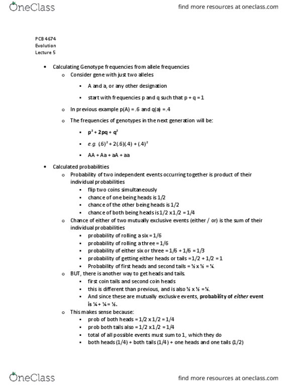 PCB 4674 Lecture Notes - Lecture 5: Wilhelm Weinberg, G. H. Hardy, Allele Frequency thumbnail