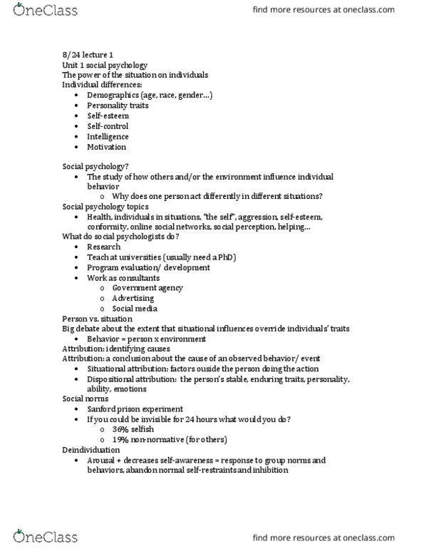 PSY 210 Lecture Notes - Lecture 1: 18 Months, Program Evaluation, Deindividuation thumbnail