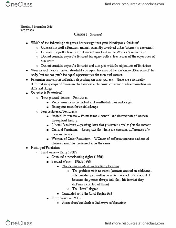 WGST 300 Lecture Notes - Lecture 3: Margaret Floy Washburn, The Feminine Mystique, Betty Friedan thumbnail