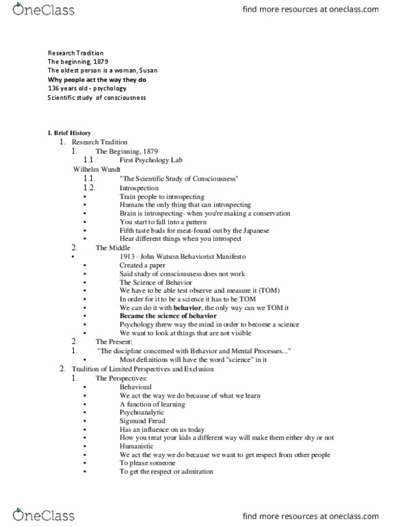 PSY 202 Lecture Notes - Lecture 1: Caffeine, Wilhelm Wundt, Sigmund Freud thumbnail