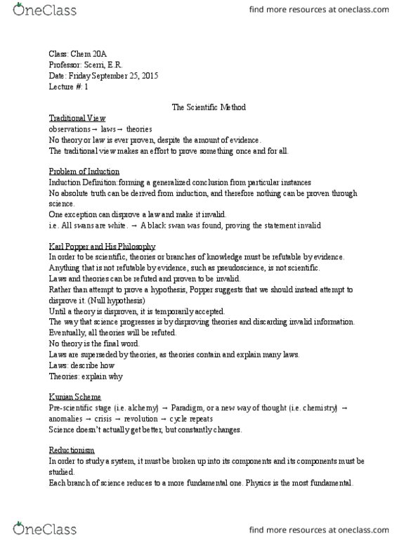 CHEM 20A Lecture Notes - Lecture 1: Null Hypothesis, Reductionism, Karl Popper thumbnail