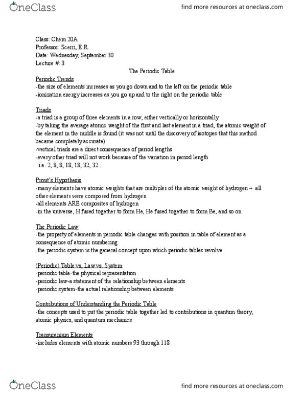 CHEM 20A Lecture Notes - Lecture 3: Atomic Number, Periodic Trends thumbnail