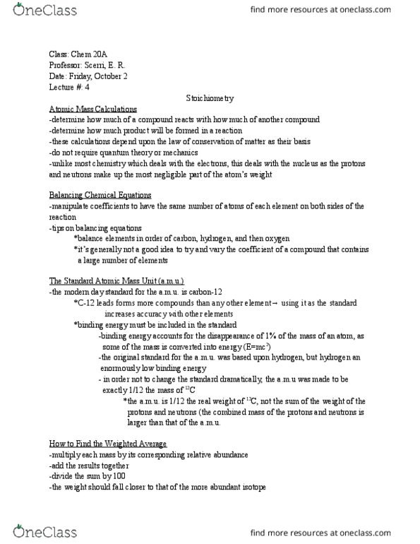 CHEM 20A Lecture Notes - Lecture 4: Avogadro Constant, Carbon-12, Stoichiometry thumbnail