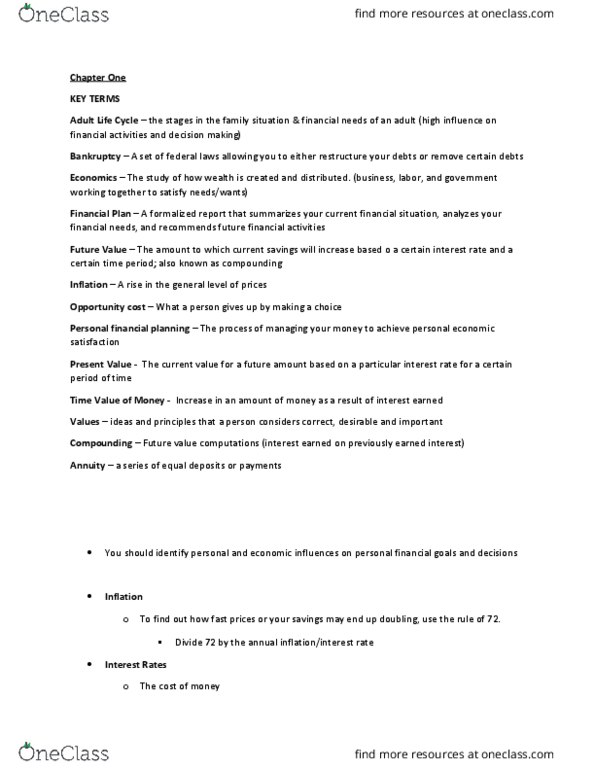 FIN 2050 Chapter Notes - Chapter 1: Spreadsheet, Opportunity Cost, Personal Finance thumbnail