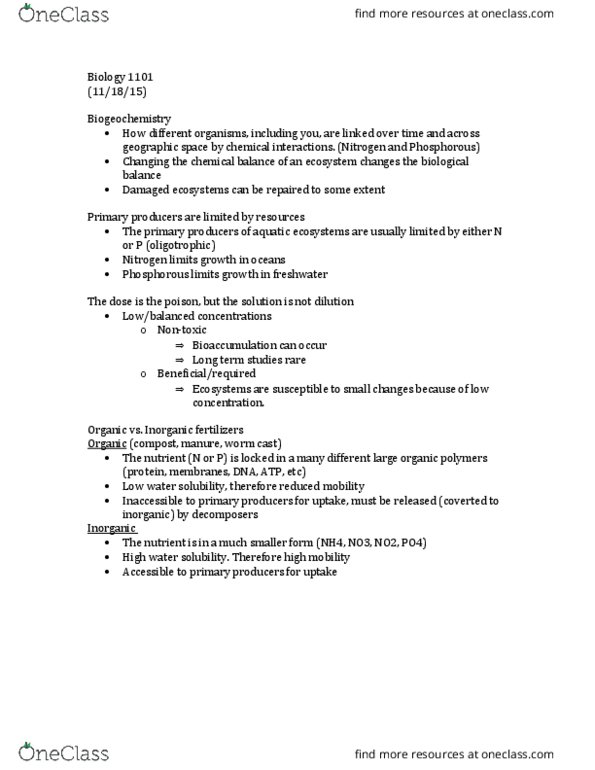 BIOLOGY 1101 Lecture Notes - Lecture 29: Biogeochemistry, Bioaccumulation thumbnail