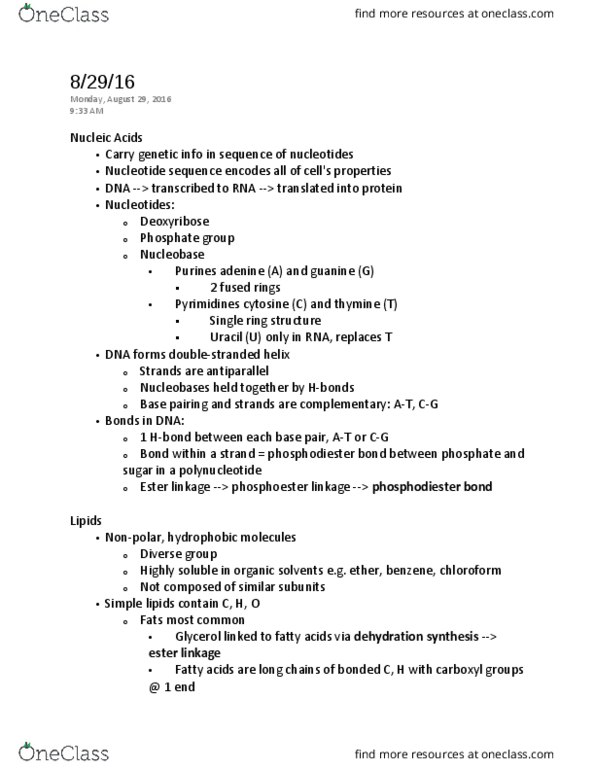 BIO 300 Lecture Notes - Lecture 5: Hydrophile, Glycerol, Lipopolysaccharide thumbnail