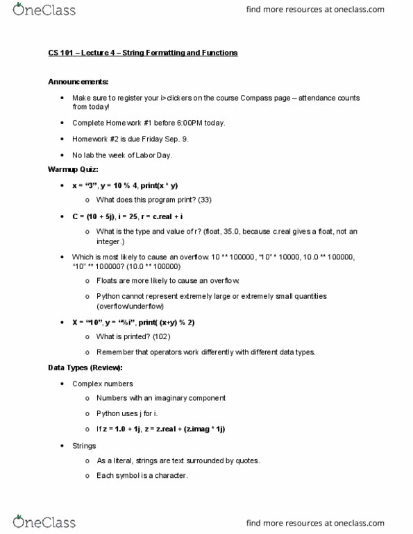 CS 101 Lecture Notes - Lecture 4: Type Conversion, Substring, String Operations thumbnail