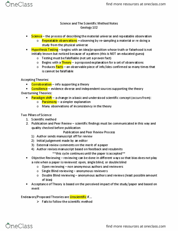 GEOL 102 Lecture Notes - Lecture 2: Blind Experiment, Consilience, Paradigm Shift thumbnail