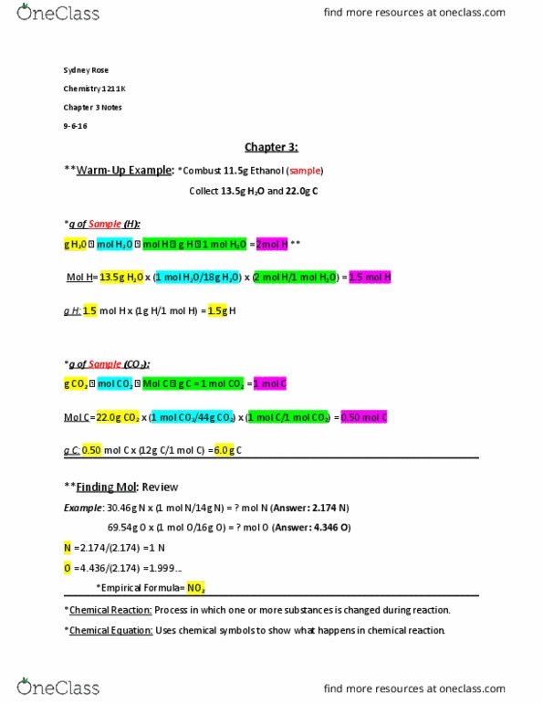 CHEM 1211K Lecture Notes - Lecture 3: Molar Mass, Balance Equation, Chemical Equation thumbnail