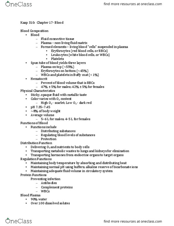 KAAP310 Lecture Notes - Lecture 2: Thrombopoietin, Factor Xii, Leukopoiesis thumbnail