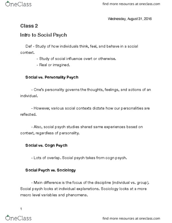 PSY 2401 Lecture Notes - Lecture 2: Psych, Social Cognition, Kurt Lewin thumbnail