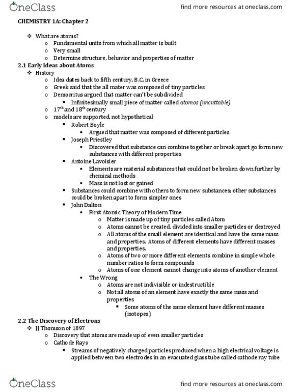 CHEM 1A Chapter Notes - Chapter 2: Cathode Ray Tube, Electric Field, Robert Andrews Millikan thumbnail