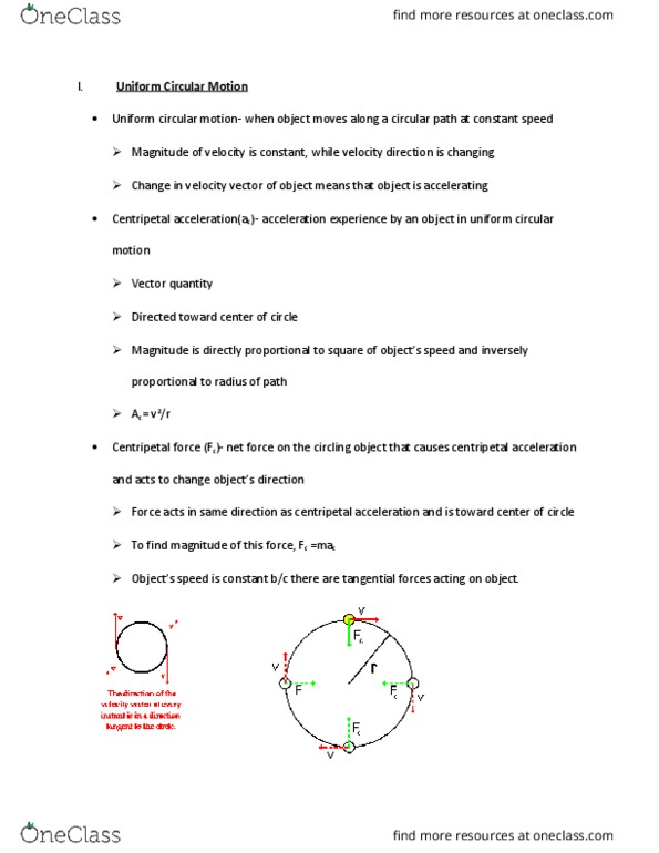 PH-UY 1013 Lecture Notes - Lecture 7: Circular Motion, Acceleration, Centripetal Force thumbnail