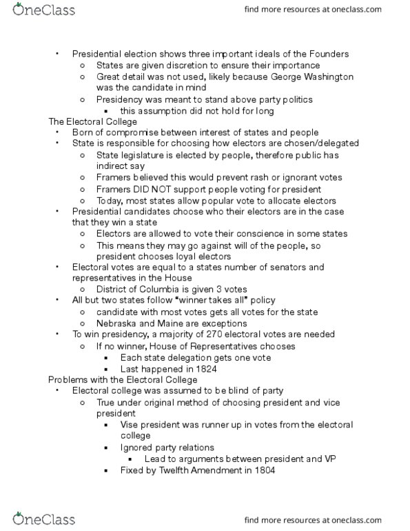 POLS 120 Chapter Notes - Chapter 10.1: Electoral College thumbnail