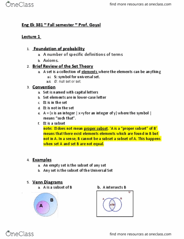 ENG EC 381 Lecture Notes - Lecture 1: Mutual Exclusivity, Countable Set, Sample Space thumbnail