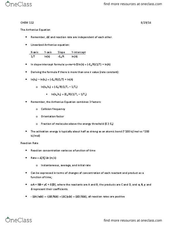CHEM 112 Lecture Notes - Lecture 4: Rate Equation, Arrhenius Equation, Reaction Rate thumbnail