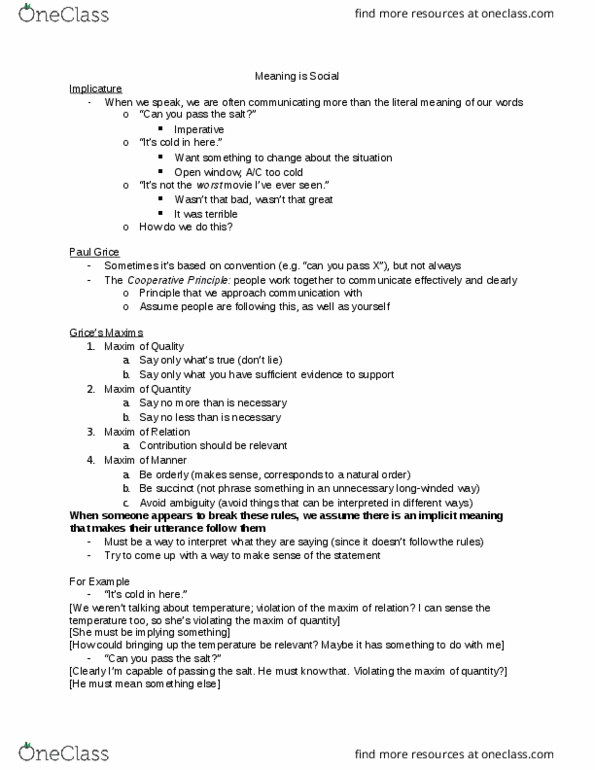 ANTH 104 Lecture Notes - Lecture 4: Paul Grice, Implicature thumbnail