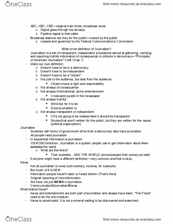 JOUR 200 Lecture Notes - Lecture 4: Acronym, Federal Communications Commission, Crossword thumbnail