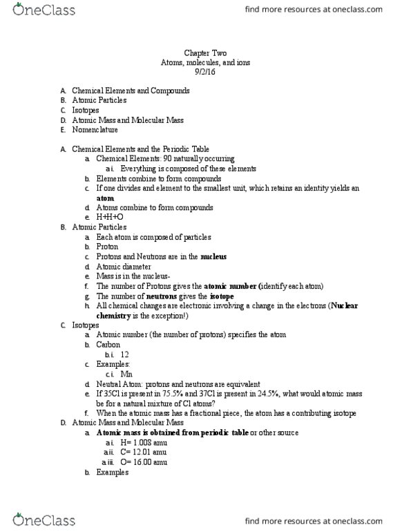 CHE 101 Lecture Notes - Lecture 2: Sodium Chloride, Dinitrogen Tetroxide, Unified Atomic Mass Unit thumbnail