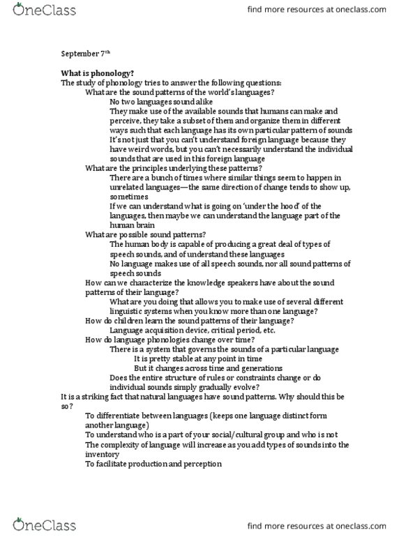 LING 331 Lecture Notes - Lecture 2: Consonant Cluster, Phoneme, Language Acquisition Device thumbnail