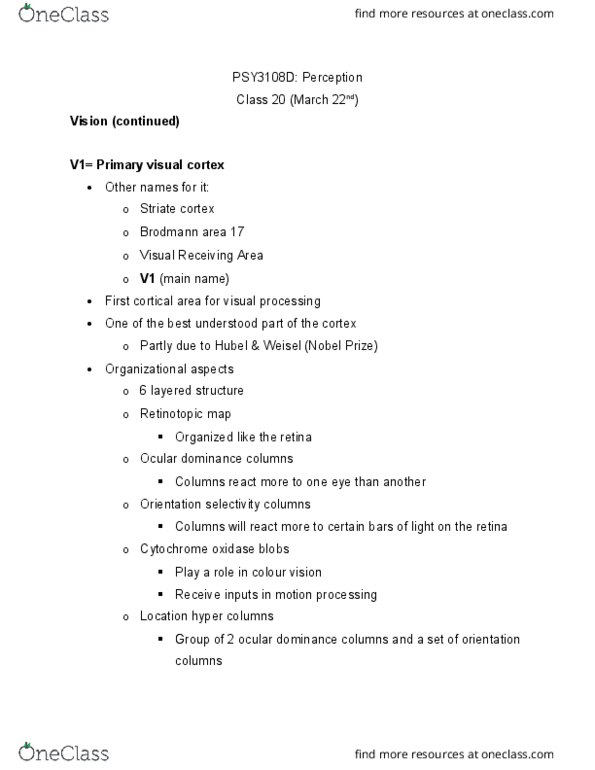 PSY 3108 Lecture Notes - Lecture 20: Depth Perception, Visual Cortex, Ocular Dominance thumbnail