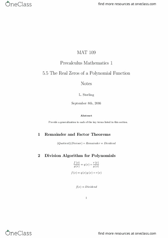 MAT 109 Lecture Notes - Lecture 12: Intermediate Value Theorem, Precalculus, Divisor thumbnail