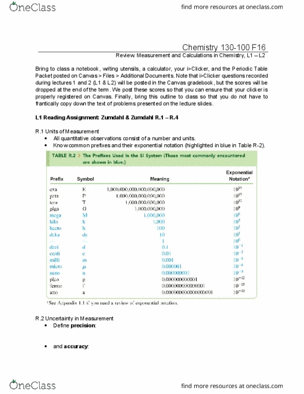 CHEM 125 Lecture Notes - Lecture 1: Significant Figures, Si Derived Unit, Scientific Notation thumbnail