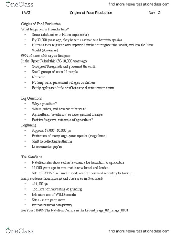 ANTHROP 1AA3 Lecture Notes - Lecture 20: Sedentism, Natufian Culture, Pistachio thumbnail