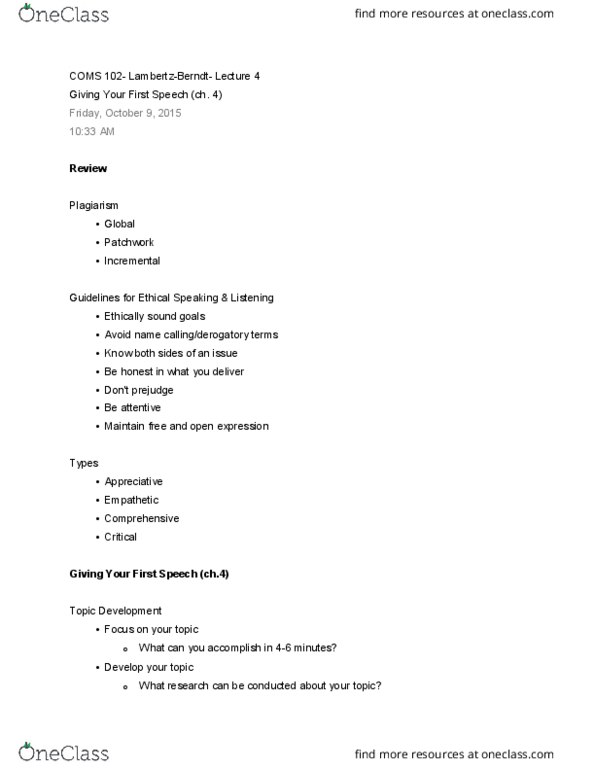 COMS 102 Lecture Notes - Lecture 4: Eye Contact thumbnail