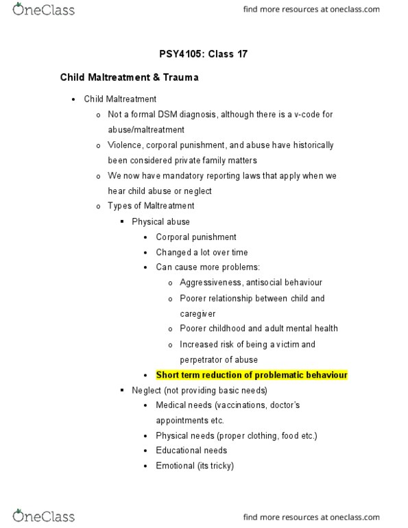 PSY 4105 Lecture Notes - Lecture 17: Dsm-5, Etiology, Posttraumatic Stress Disorder thumbnail