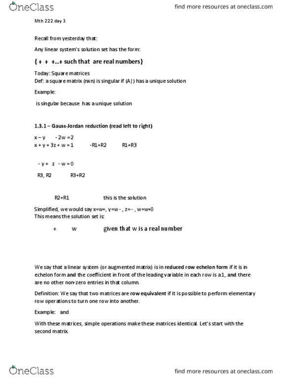 MTH 222 Lecture Notes - Lecture 3: Row Echelon Form, Augmented Matrix, Solution Set thumbnail