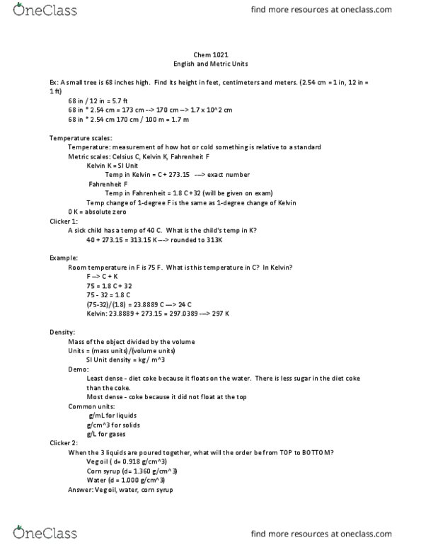 CHEM 1021 Lecture Notes - Lecture 7: Corn Syrup, Dimensional Analysis, International System Of Units thumbnail