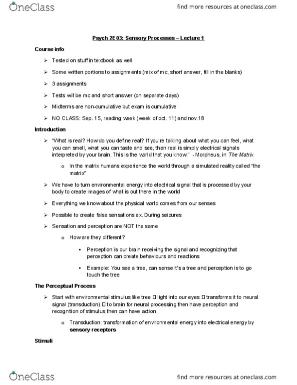 PSYCH 2E03 Lecture Notes - Lecture 1: Motor System, Retina, Sensory System thumbnail