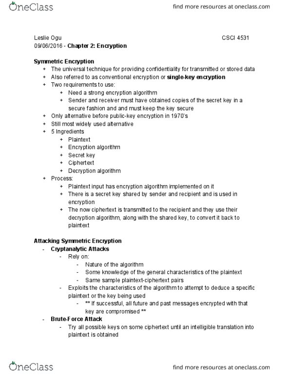 CSCI 4531 Lecture Notes - Lecture 2: Cryptanalysis, Triple Des, Plaintext thumbnail