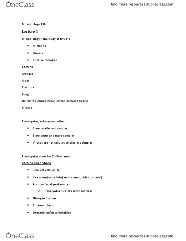 BIOL 134 Lecture Notes - Lecture 1: Nitrogen Fixation, Helminths, Microbiology thumbnail