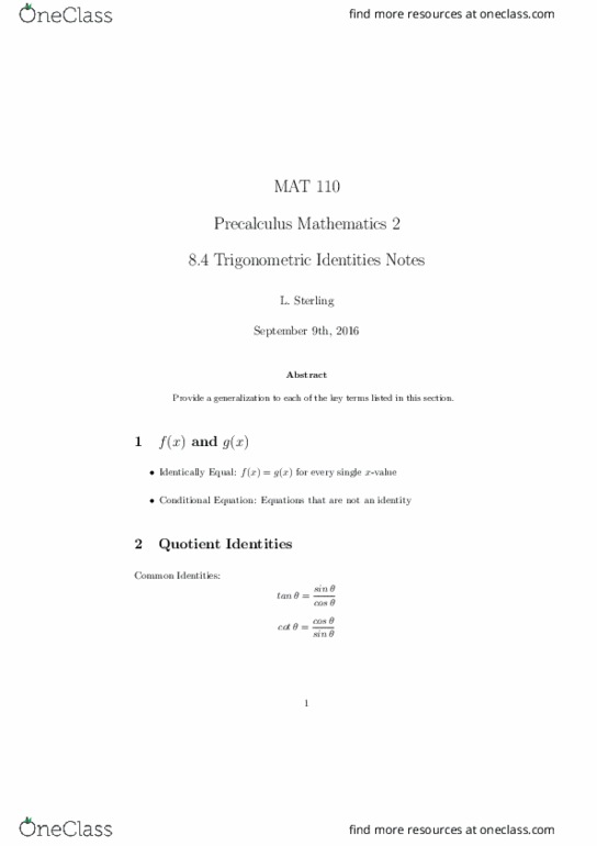 MAT 110 Lecture Notes - Lecture 13: Precalculus thumbnail