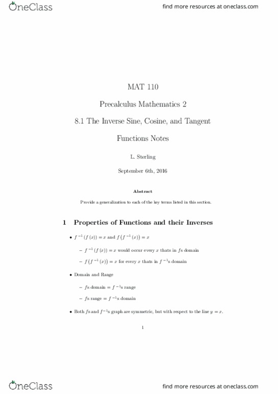 MAT 110 Lecture Notes - Lecture 10: Precalculus, Inverse Function, Inverse Trigonometric Functions thumbnail