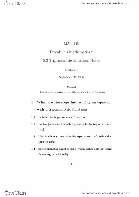 MAT 110 Lecture Notes - Lecture 12: Unit Circle, Iden, Precalculus thumbnail