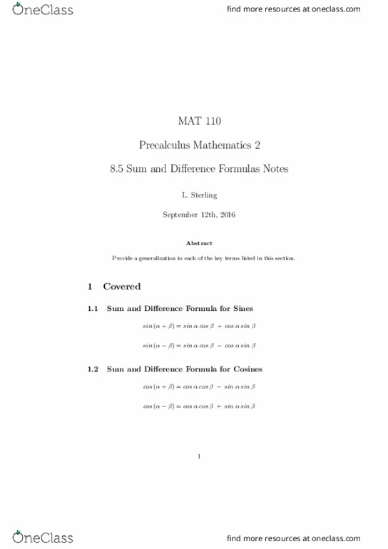 MAT 110 Lecture Notes - Lecture 14: Precalculus thumbnail