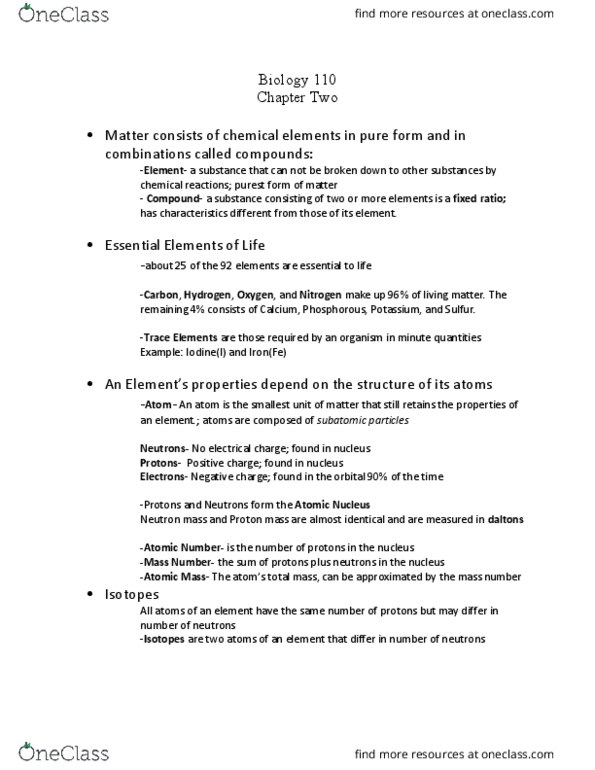 BIOL 110 Lecture Notes - Lecture 2: Unified Atomic Mass Unit, Iodine, Sulfur thumbnail